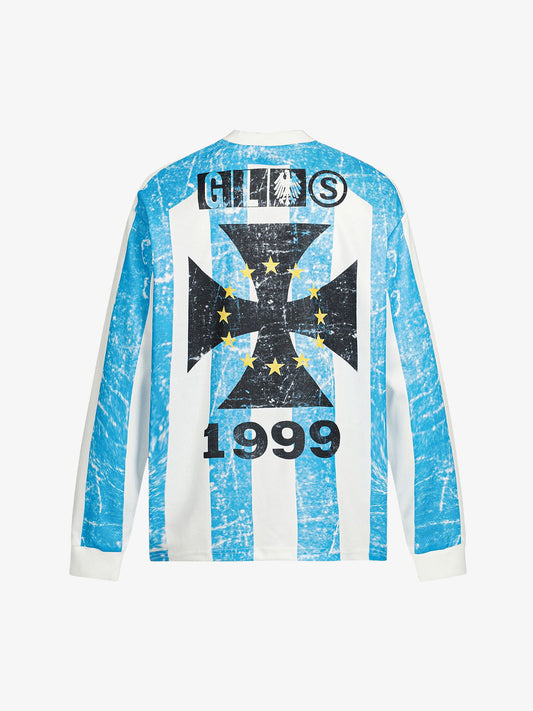 Retro Football Jersey with Long Sleeves and Distressed Design 