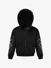 Fur-Trim Sleeve Graphic Zip Hoodie