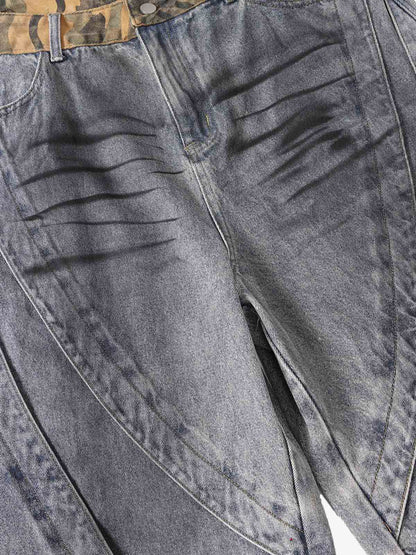 Camo-Trimmed Pleated Denim Utility Set 