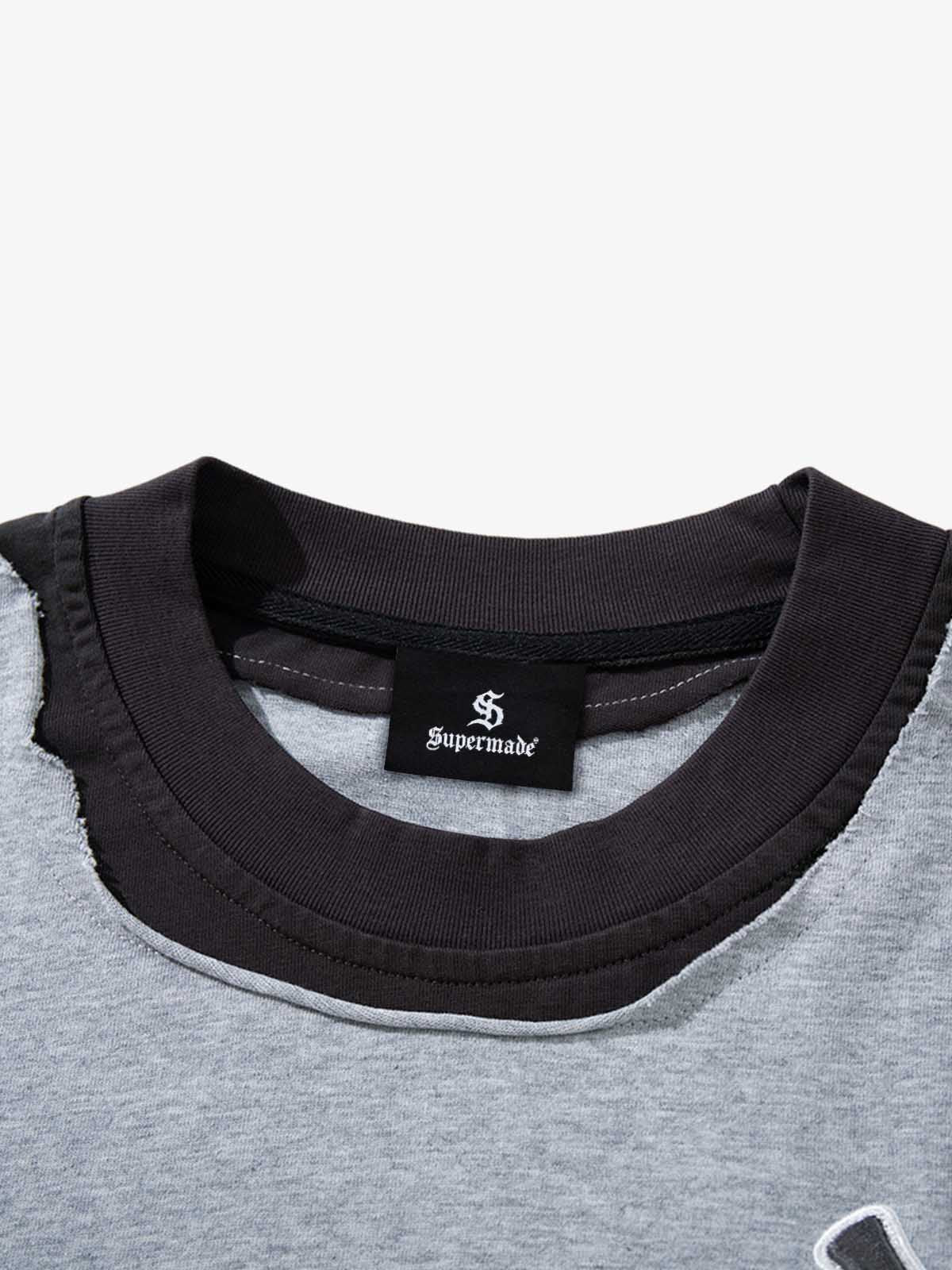 Embroidered Faux-Layered Distressed Moto Long Sleeve Tee