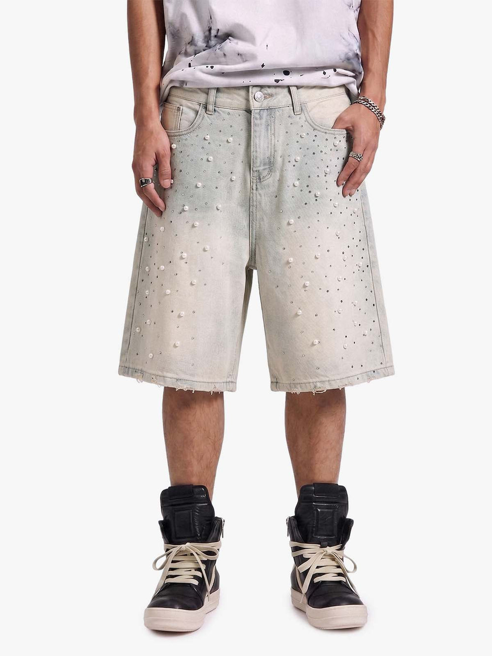 Pearl Embellished Light Wash Denim Shorts 