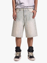 Pearl Embellished Light Wash Denim Shorts 