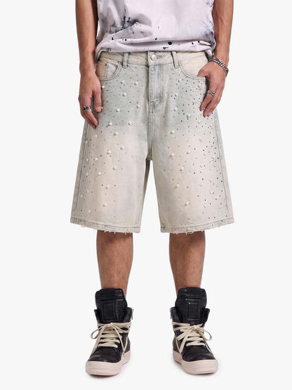Pearl Embellished Light Wash Denim Shorts