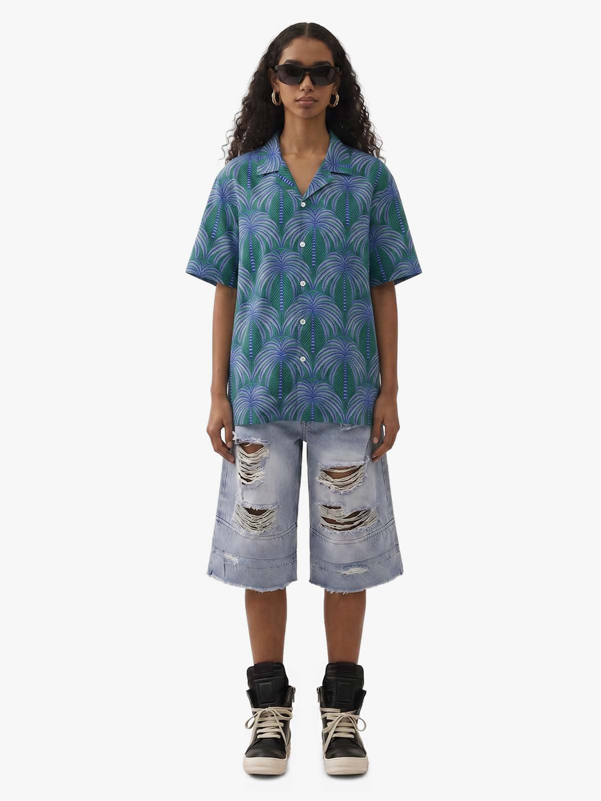 Teal Palm Leaves Camp Collar Boxy Shirt 