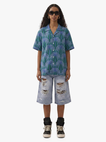 Teal Palm Leaves Camp Collar Boxy Shirt 