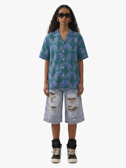 Teal Palm Leaves Camp Collar Boxy Shirt 