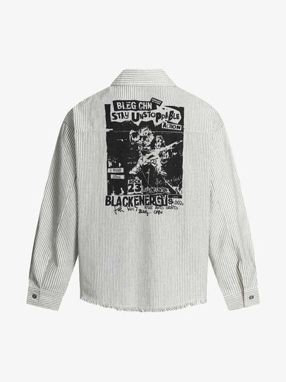 Striped Button-Up Shirt with Graphic Pocket Design 