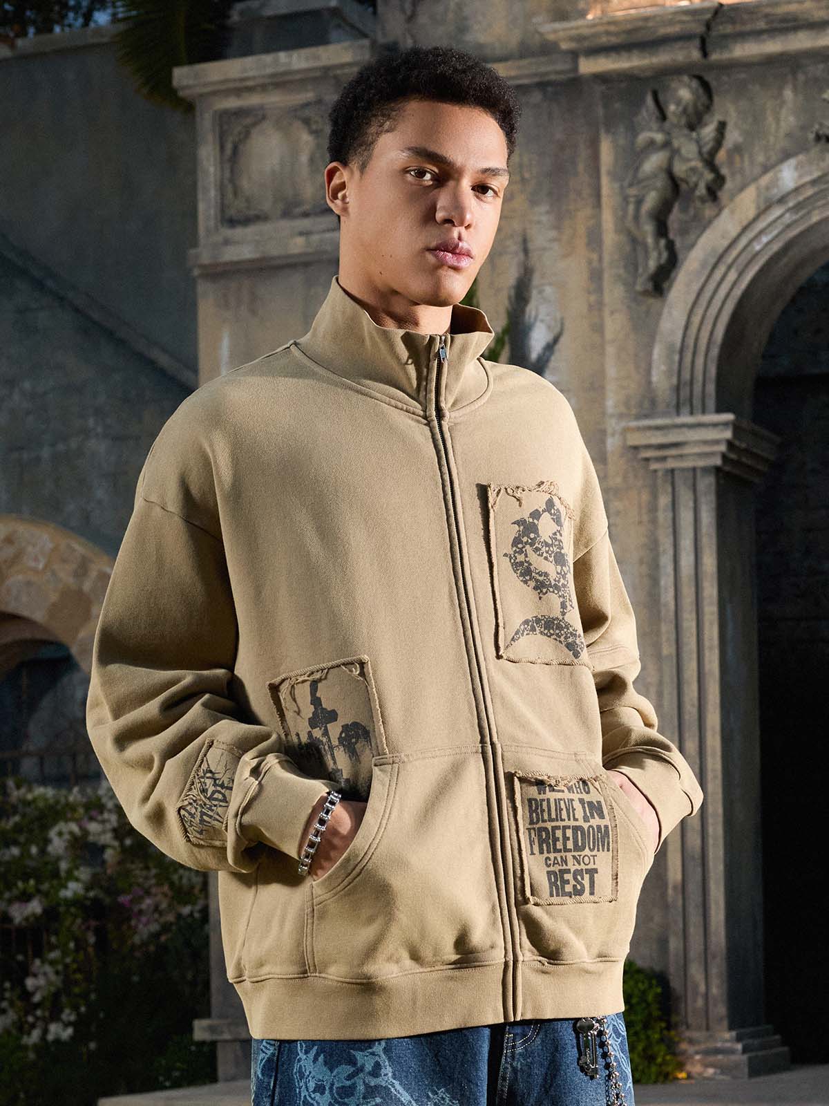 Cotton Blend Patchwork Bomber Jacket with Graphic Embroidery and Zipper Closure 