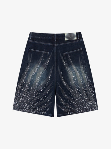 Rhinestone Wave Denim Bermuda Shorts – Light Wash Relaxed Fit Statement Shorts