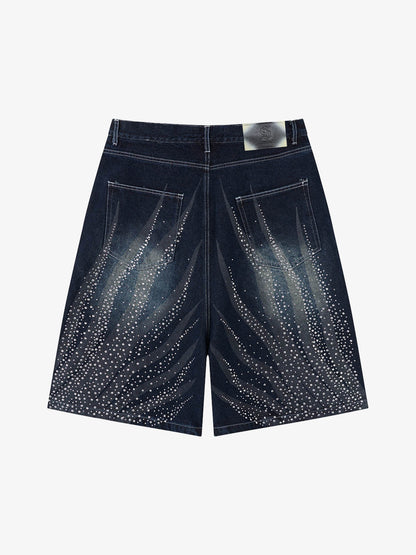 Rhinestone Wave Denim Bermuda Shorts – Light Wash Relaxed Fit Statement Shorts