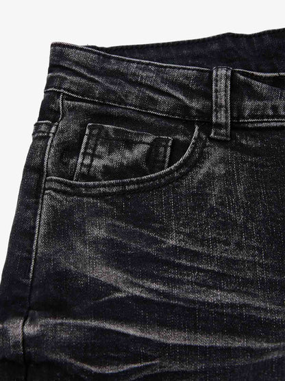 Black Denim Flared Jeans with Button Front High Waist Design 