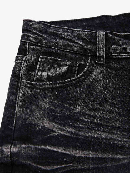 Vintage Distressed Button Fly Ruched Panel Flared Jeans