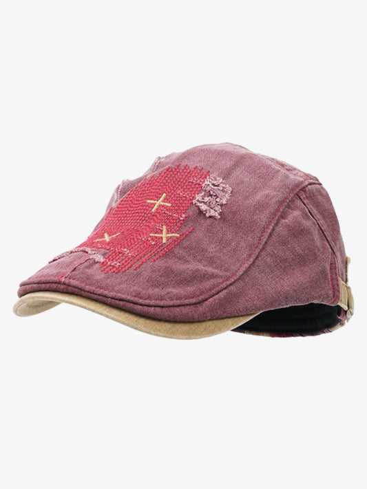 Cotton Denim Patchwork Flat Cap with Embroidered Red Panel and Distressed Details 