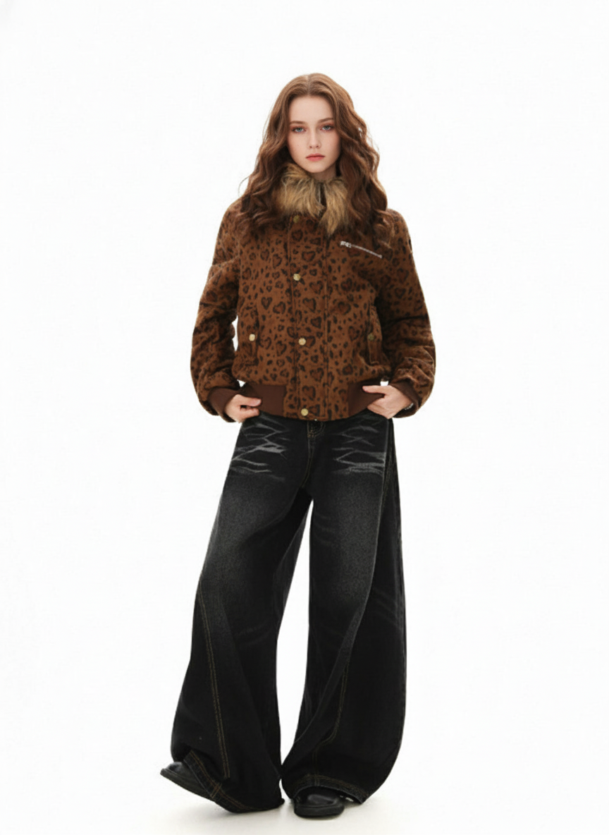 Detachable Fur Collar Heart Leopard Print Bomber Jacket 