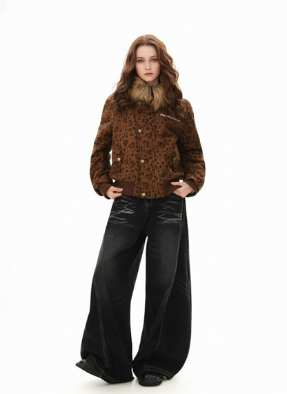 Detachable Fur Collar Heart Leopard Print Bomber Jacket 