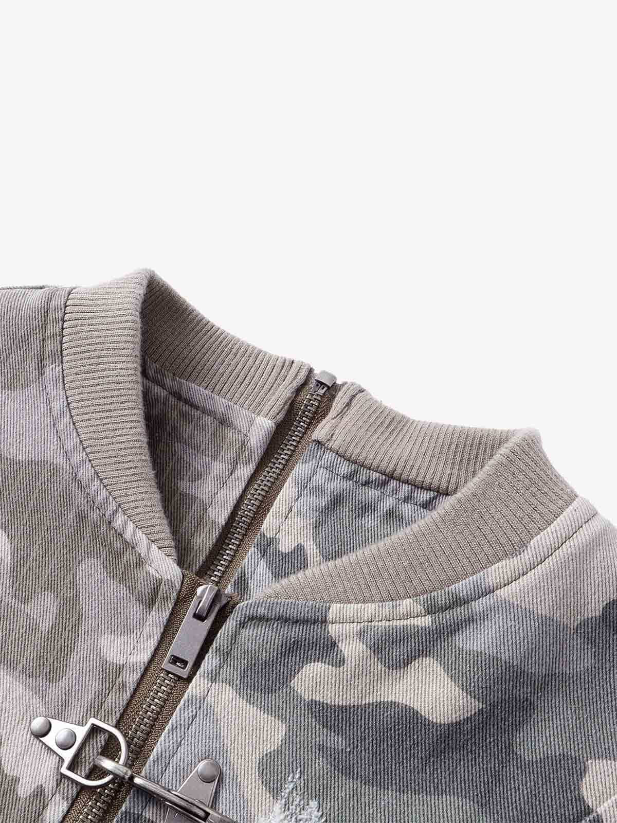 Camo Contrast Metal Buckle Bomber Jacket