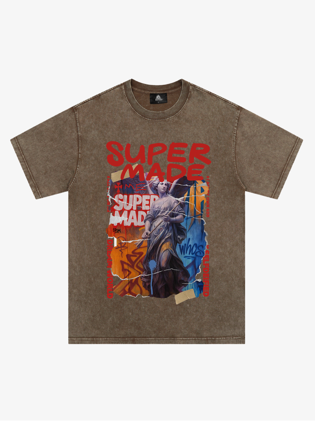 Cotton Blend SUPERMADE Sculpture Sraffiti Sticker Pattern T-Shirt 