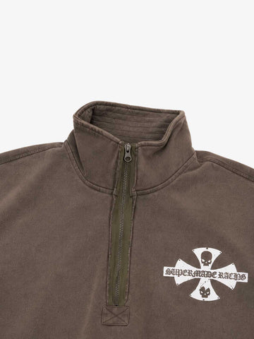 Spiderweb Graphic Washed Distressed Half-Zip Hoodie