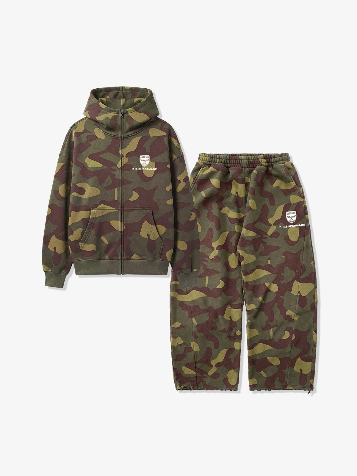 Camo Skull Graphic Zip Hoodie & Wide-Leg Sweatpants Set
