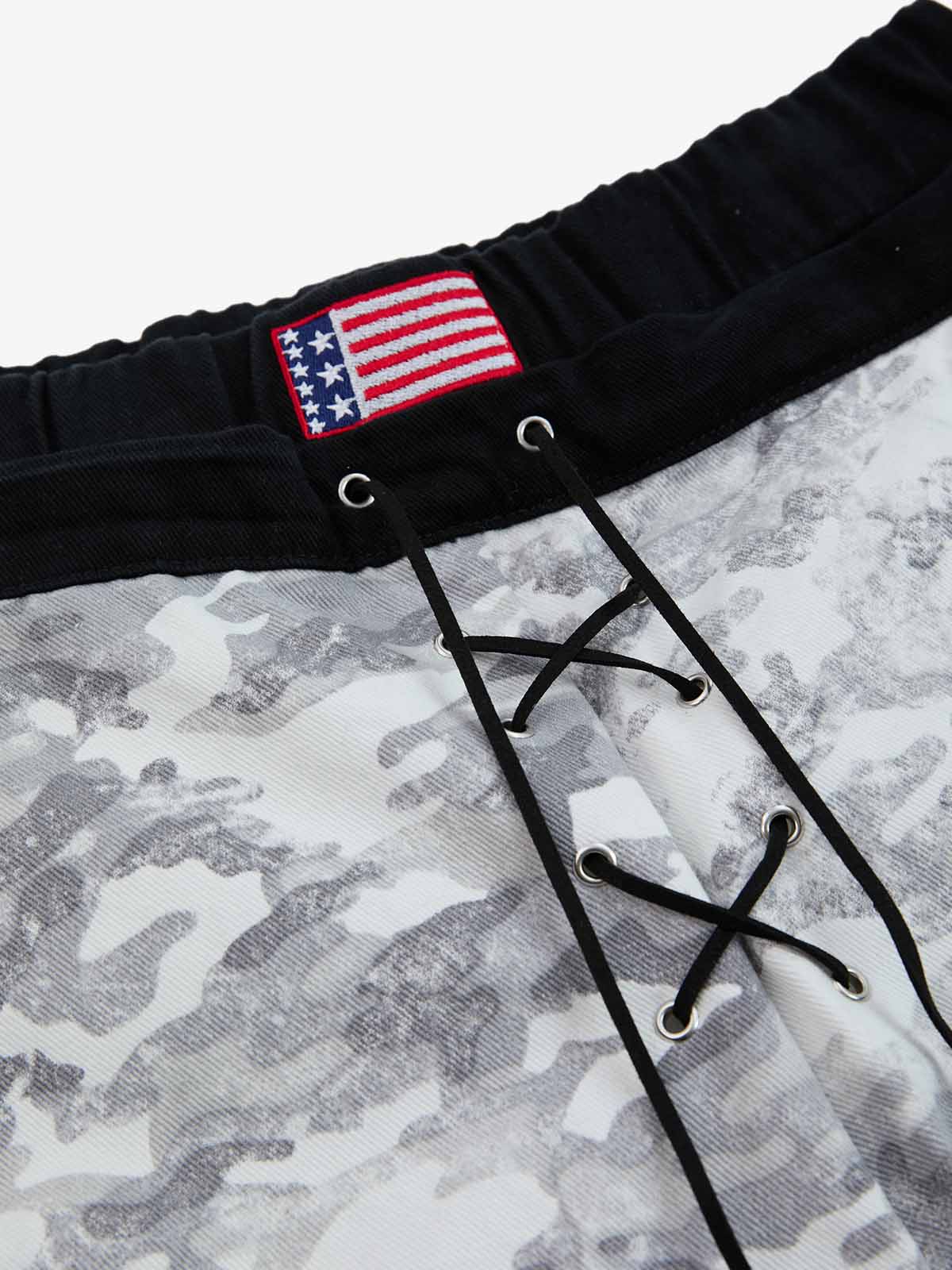 Cotton Blend Camouflage Wide Leg Pants with Drawstring Waist and Flag Patch 