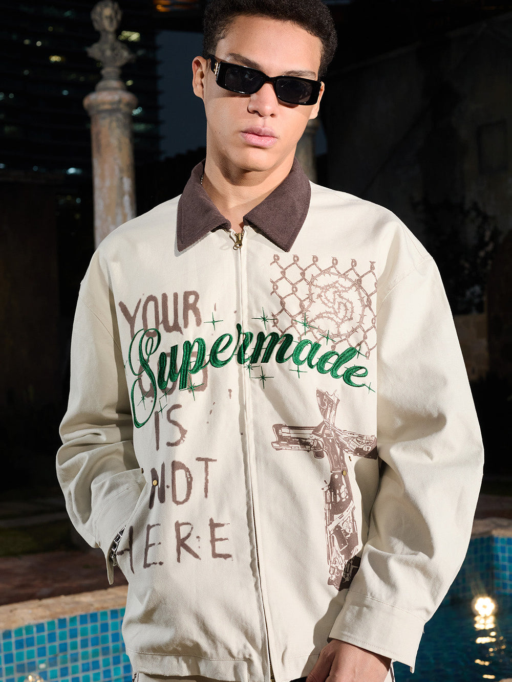 Supermade Slogan Print Color-Blocked Embroidered Retro Canvas Jacket 