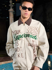 Supermade Slogan Print Color-Blocked Embroidered Retro Canvas Jacket 