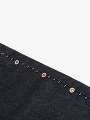 Dark Wash Denim Bermuda Shorts with Side Stripe Rhinestone Detail