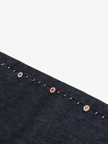 Dark Wash Denim Bermuda Shorts with Side Stripe Rhinestone Detail – Relaxed Fit Cotton Shorts
