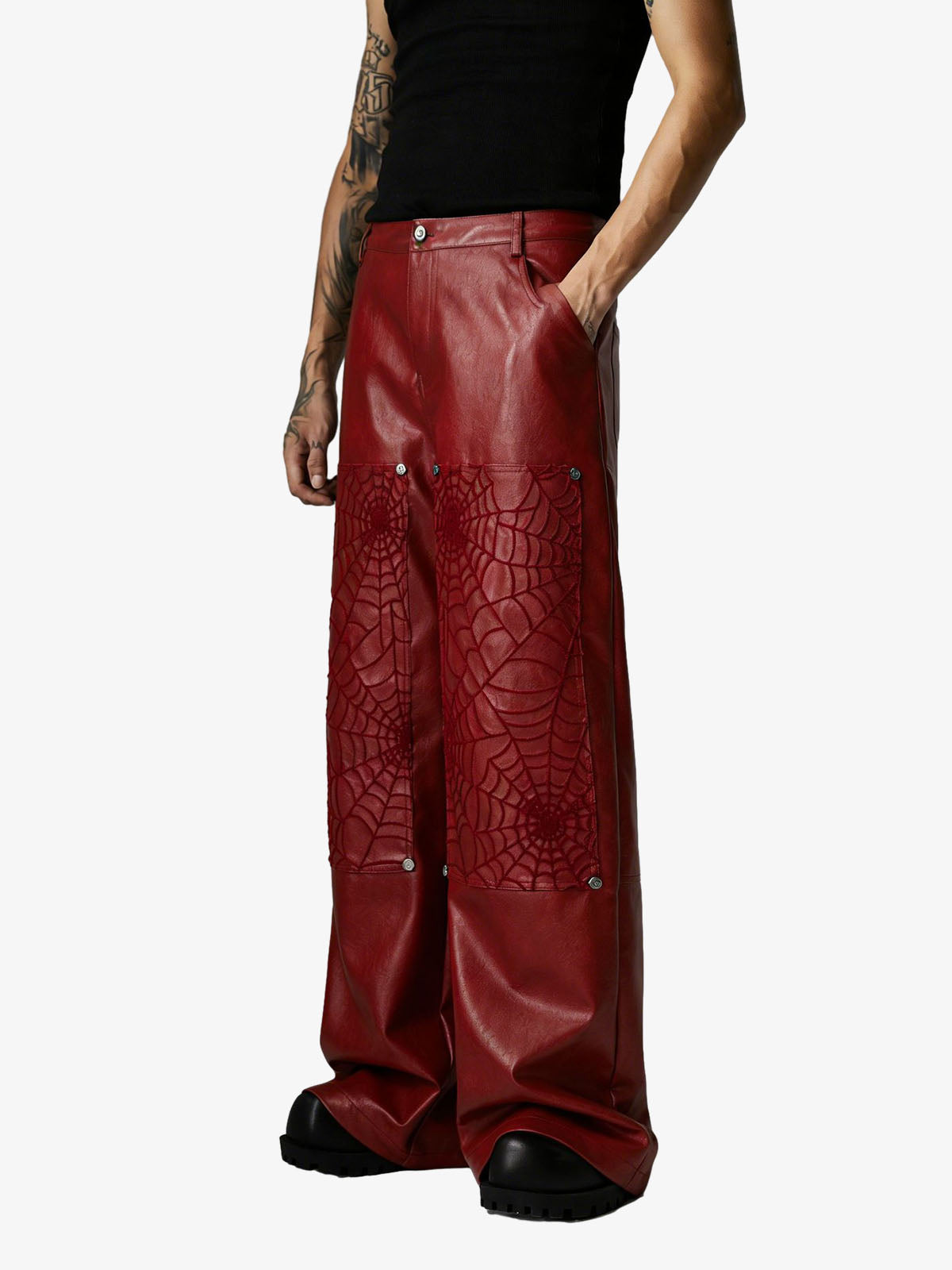 Faux Leather Wide Leg Pants with Spiderweb Embossed Pockets - Edgy Fashion Statement 
