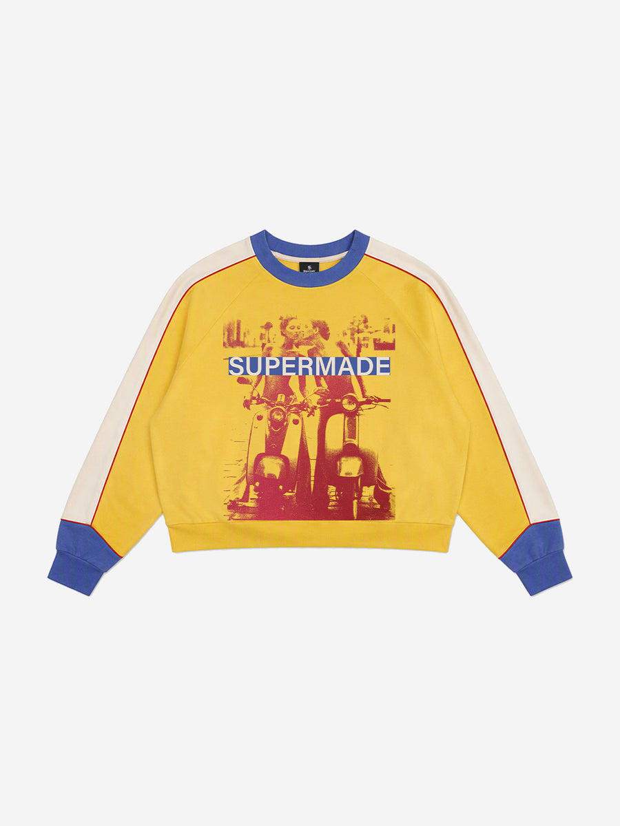 Motorcycle Graphic Color Block Cropped Sweatshirt