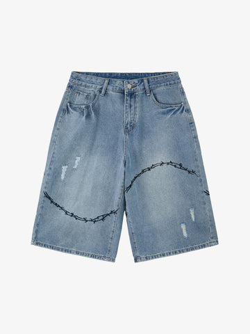 Vintage Barbed Wire Embroidery Distressed Washed Denim Jorts 