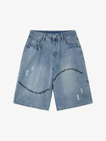 Denim Shorts with Barbed Wire Embroidery and Ripped Details for Men 