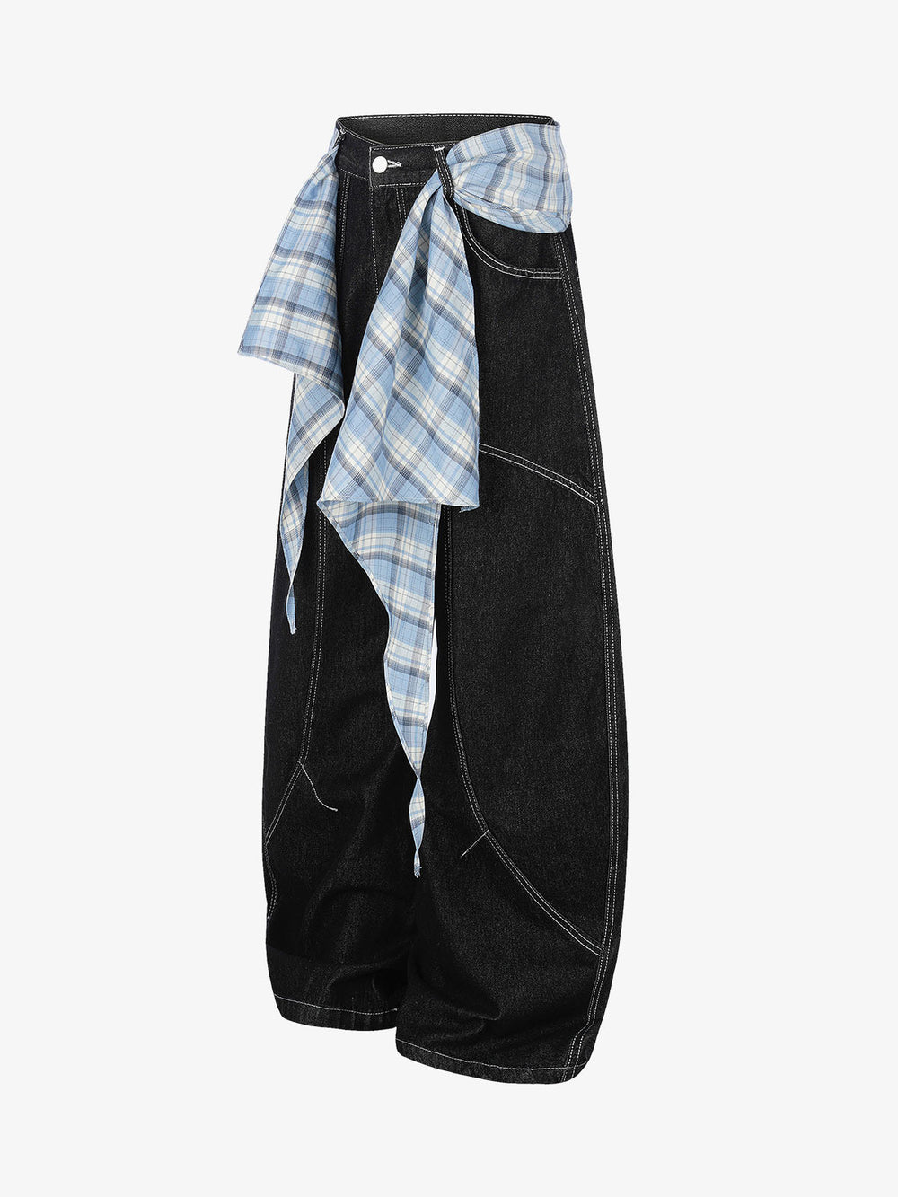 Plaid Belt Raw Denim Barrel Baggy Jeans