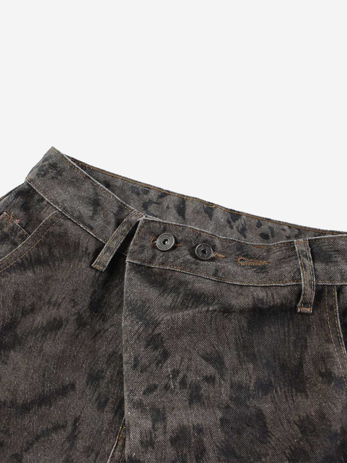 Leopard Patchwork Double-Button Curved-Leg Jeans