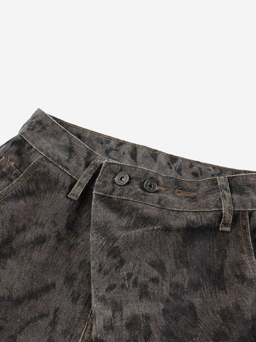 Leopard Patchwork Double-Button Curved-Leg Jeans