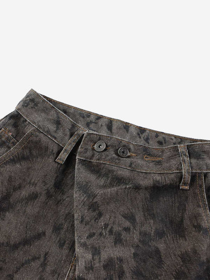 Leopard Patchwork Double-Button Curved-Leg Jeans