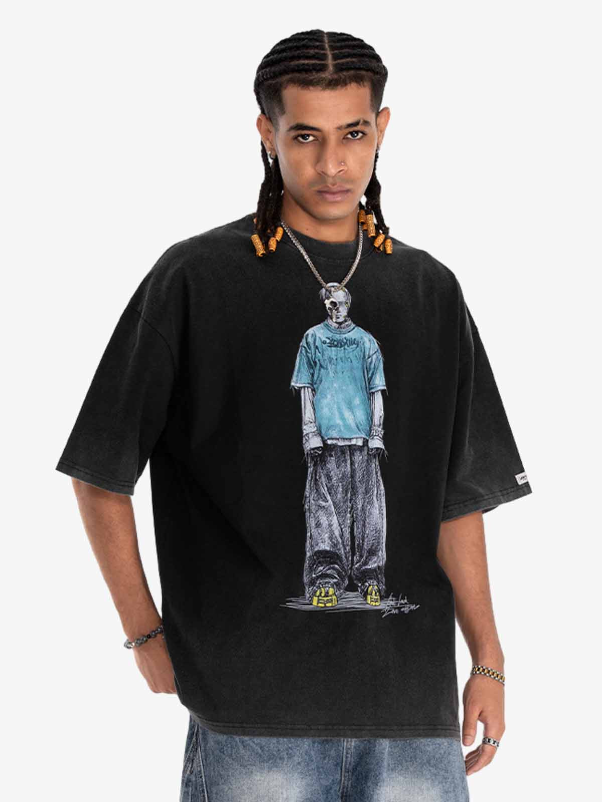 300G Jade Pattern Dyed Cotton Oversized T-Shirt with Skeleton Graphic Print Streetwear 