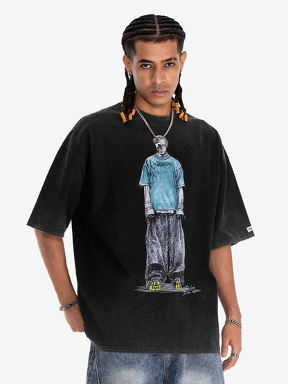 300G Jade Pattern Dyed Cotton Oversized T-Shirt with Skeleton Graphic Print Streetwear 