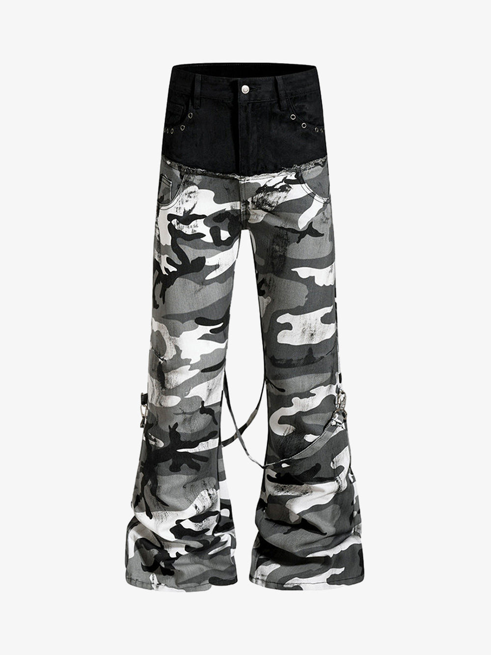 Camo Patchwork Eyelet Strap Flared Jeans