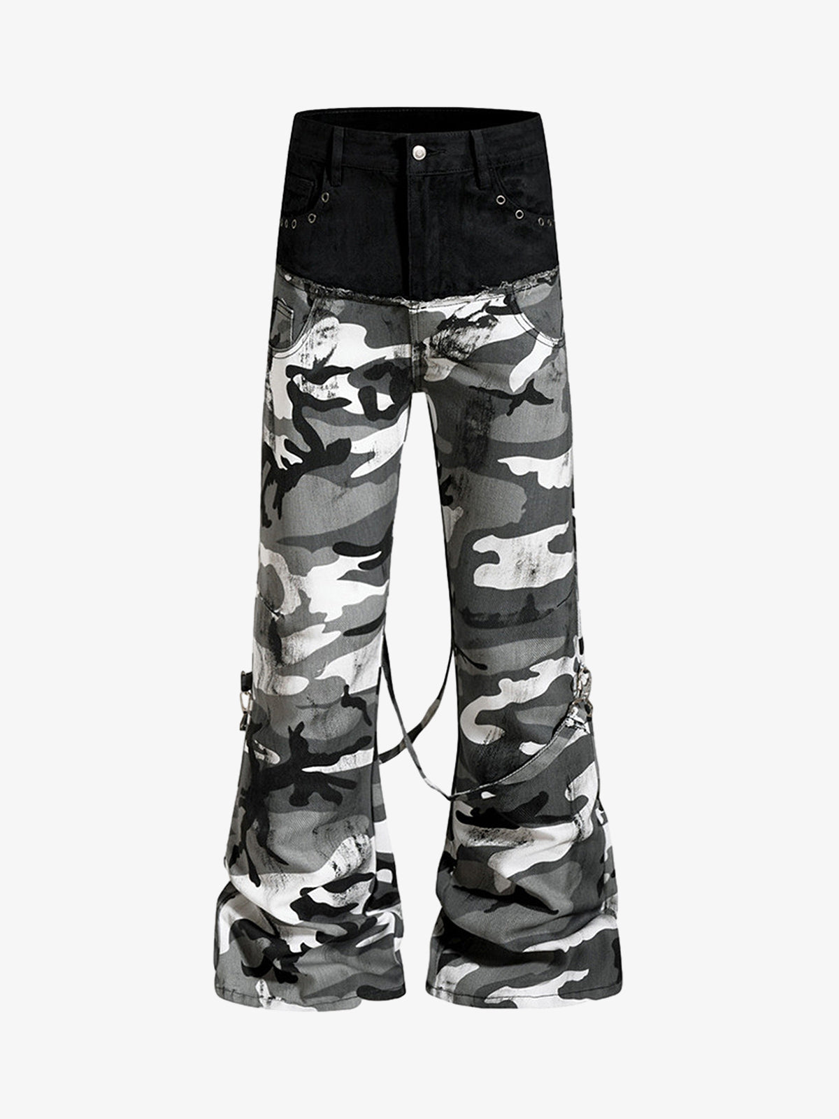Camo Patchwork Eyelet Strap Flared Jeans