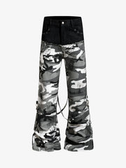 Camo Patchwork Eyelet Strap Flared Jeans