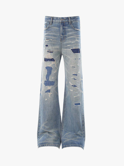 Distressed Patchwork Wide-Leg Jeans 