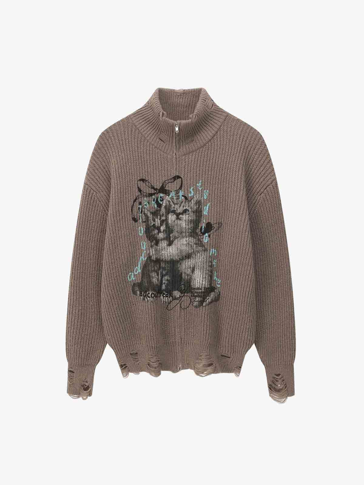 Cozy Cat Graphic Knit Sweater for Casual Wear 