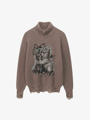 Cozy Cat Graphic Knit Sweater for Casual Wear 
