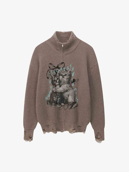 Cozy Cat Graphic Knit Sweater for Casual Wear 
