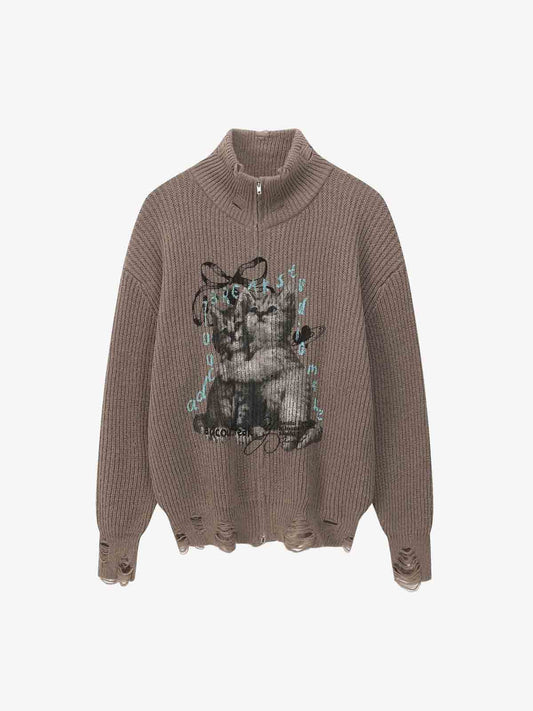 Cozy Cat Graphic Knit Sweater for Casual Wear 