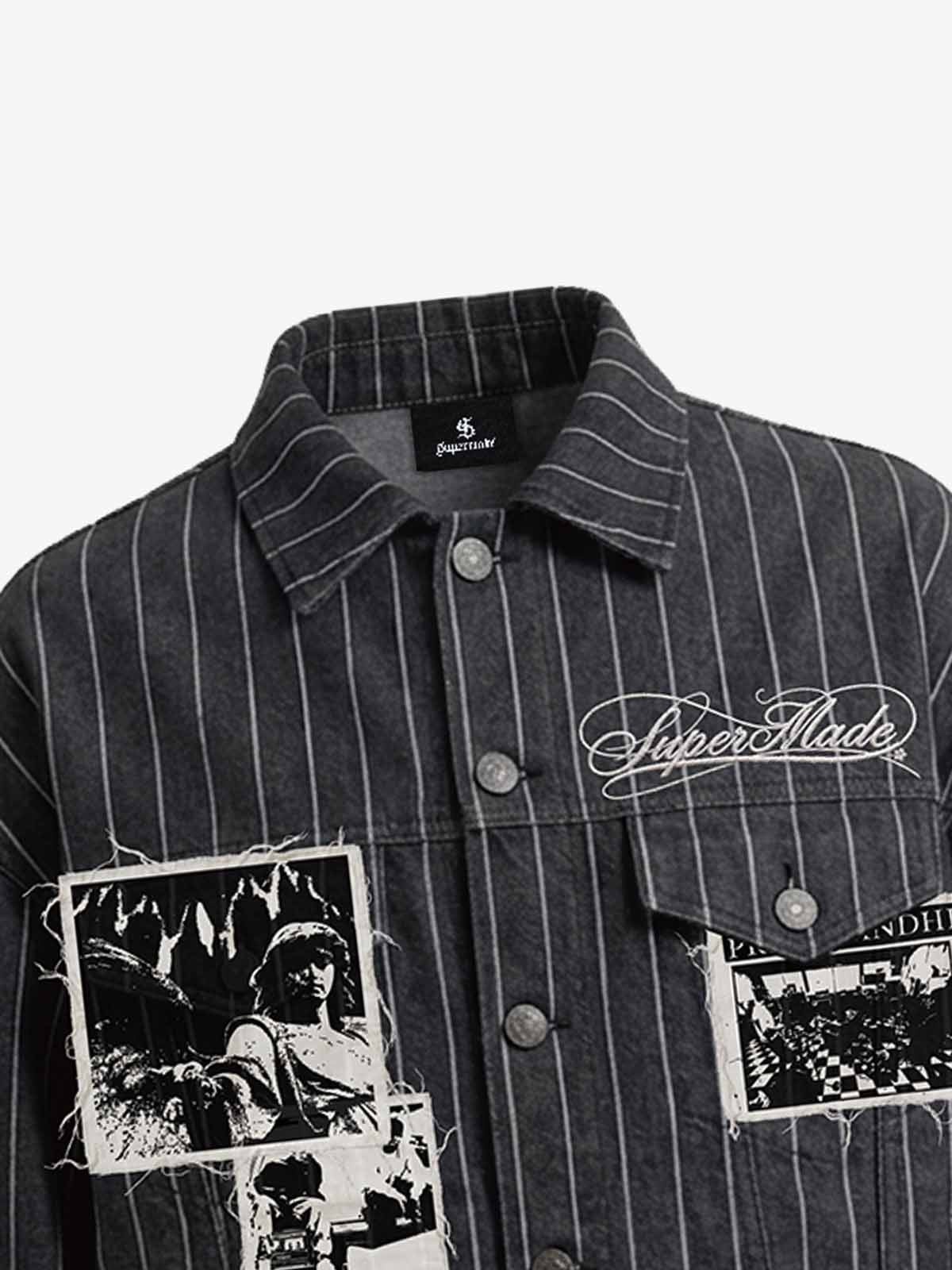 Vintage Pinstripe Patchwork Baggy Denim Set 