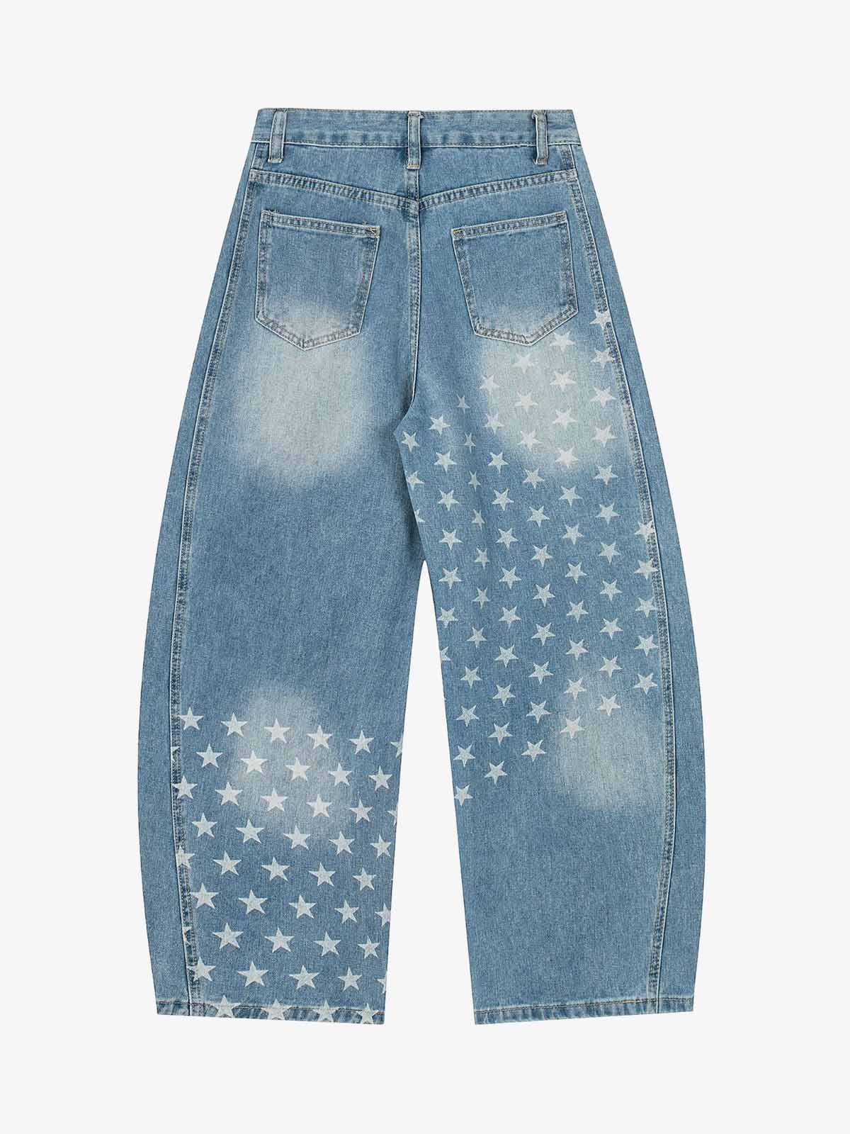 Denim Star-Print Wide-Leg Crop Pants with High Waist and Front Zipper Closure 