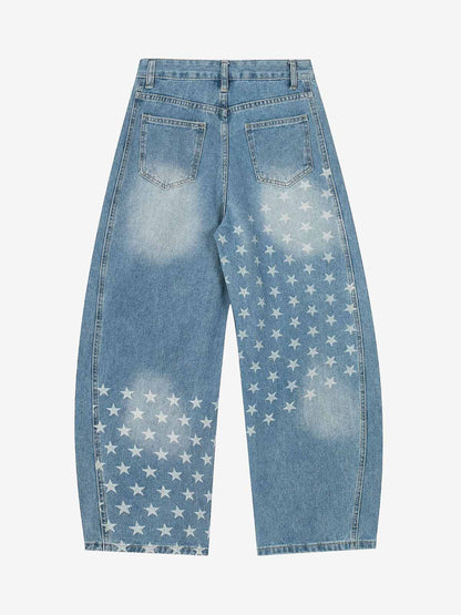 Denim Star-Print Wide-Leg Crop Pants with High Waist and Front Zipper Closure 