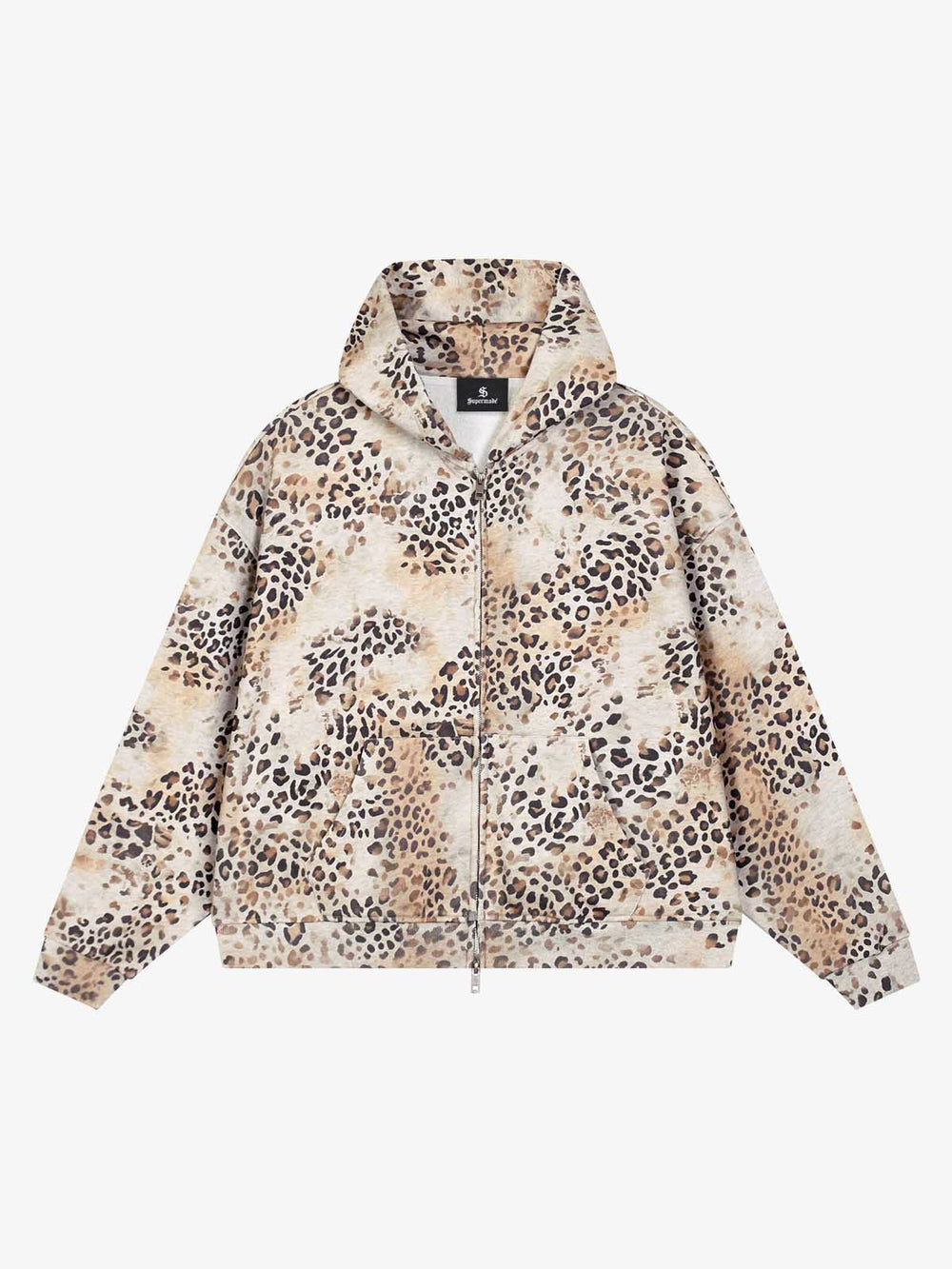 Kapuzenpullover mit Leopardenmuster und Used-Look, Reißverschluss